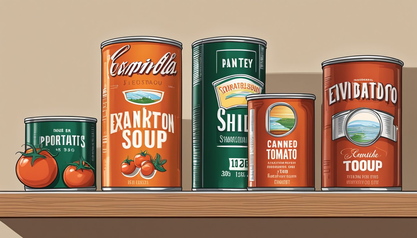 A pantry shelf with canned tomato soup, labeled with expiration date