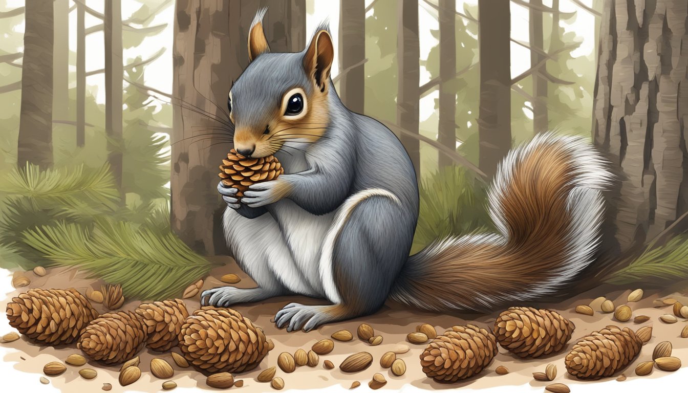 A squirrel cautiously nibbling on a pinecone, with scattered pine nuts on the forest floor