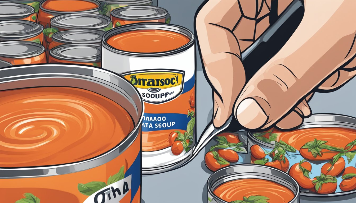 A can of expired tomato soup being inspected for quality