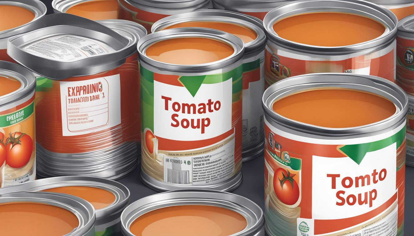 A can of expired tomato soup with a visible expiration date and a warning label