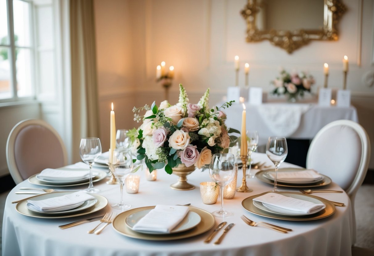 A table set with elegant dinnerware, candles, and floral centerpieces in a softly lit room