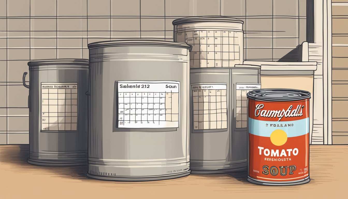 A can of expired tomato soup sits on a dusty shelf next to a calendar showing the current date