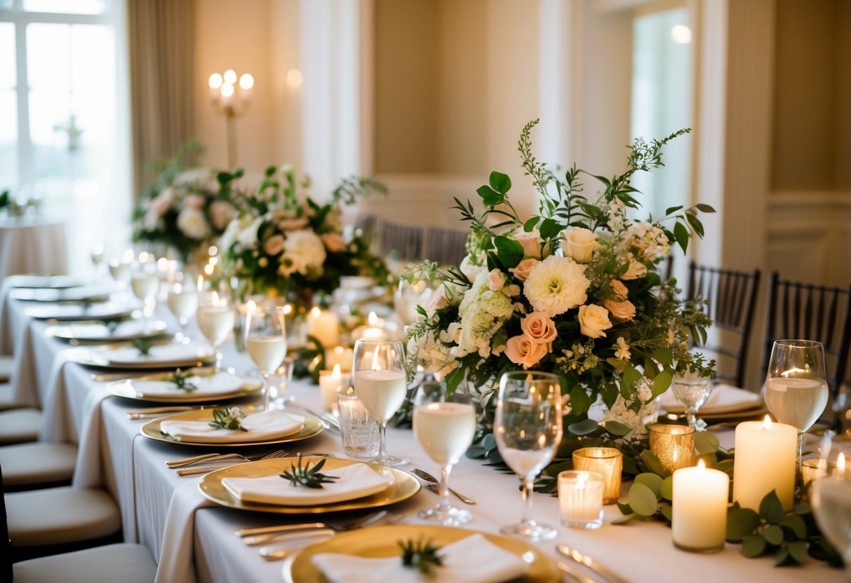 A beautifully set table with elegant place settings, soft candlelight, and fresh floral centerpieces creates the perfect ambiance for a wedding rehearsal dinner
