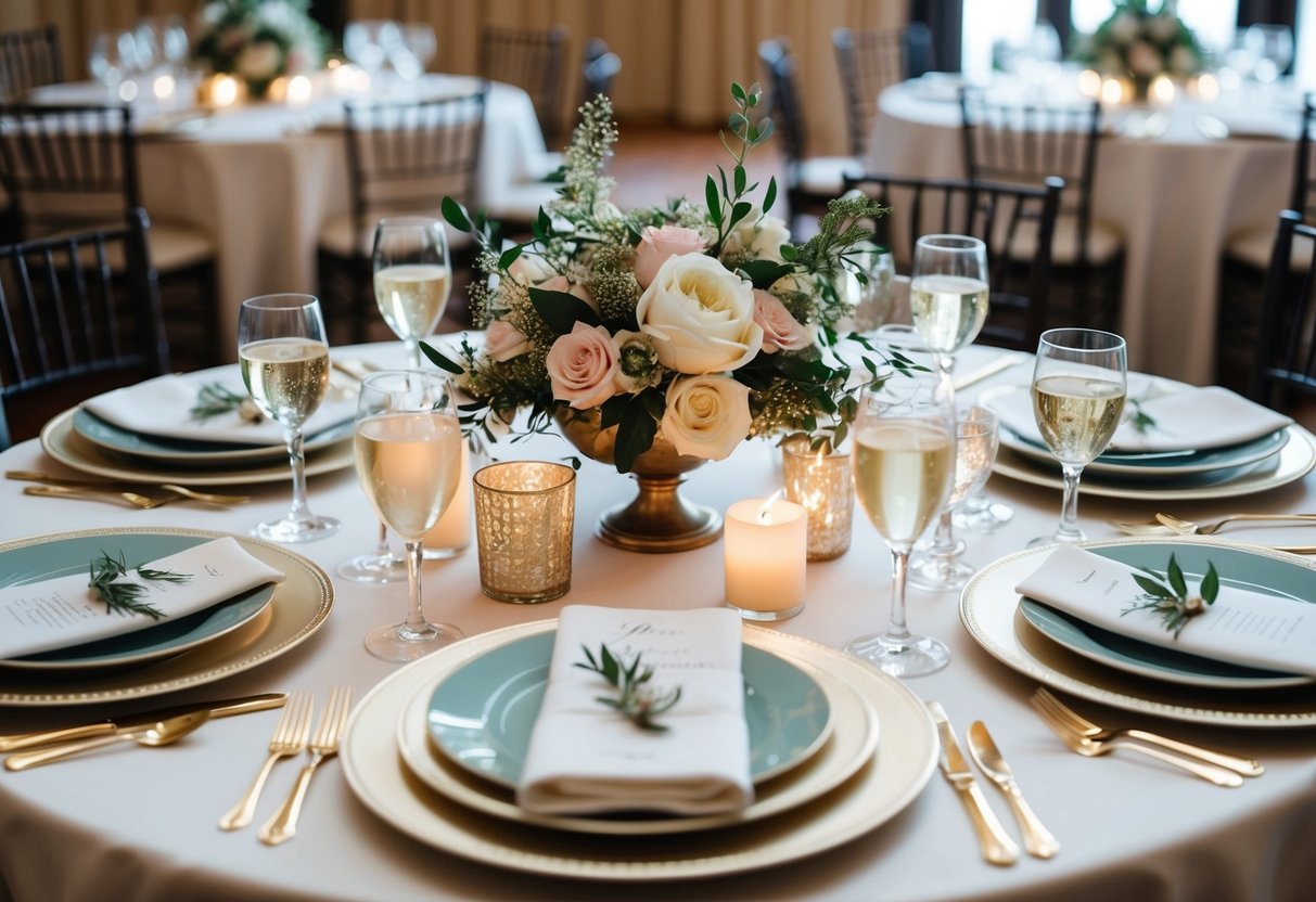 A beautifully set table with elegant place settings, floral centerpieces, and soft candlelight for a wedding rehearsal dinner