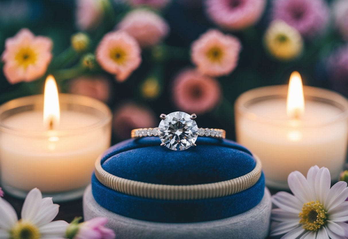 A sparkling diamond ring on a velvet cushion, surrounded by soft candlelight and delicate flowers