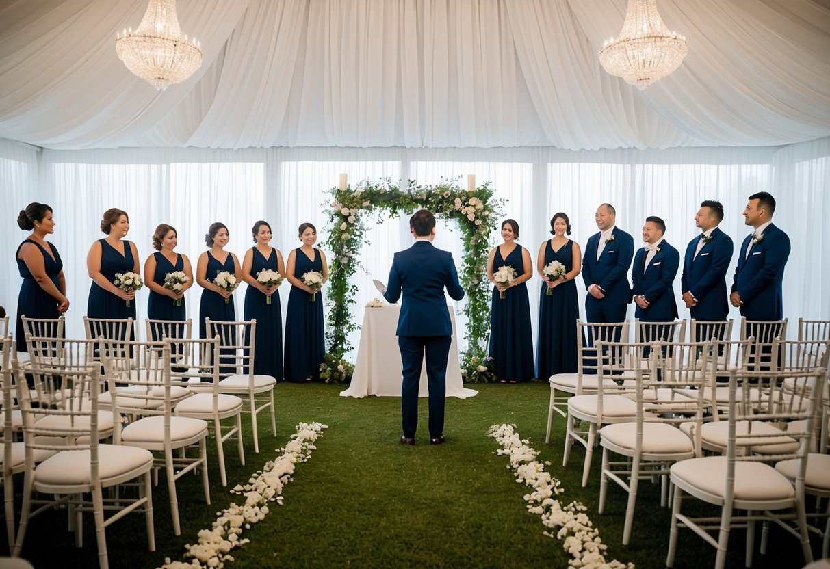 A wedding venue set up with chairs and an altar, with a wedding planner directing the wedding party in a rehearsal