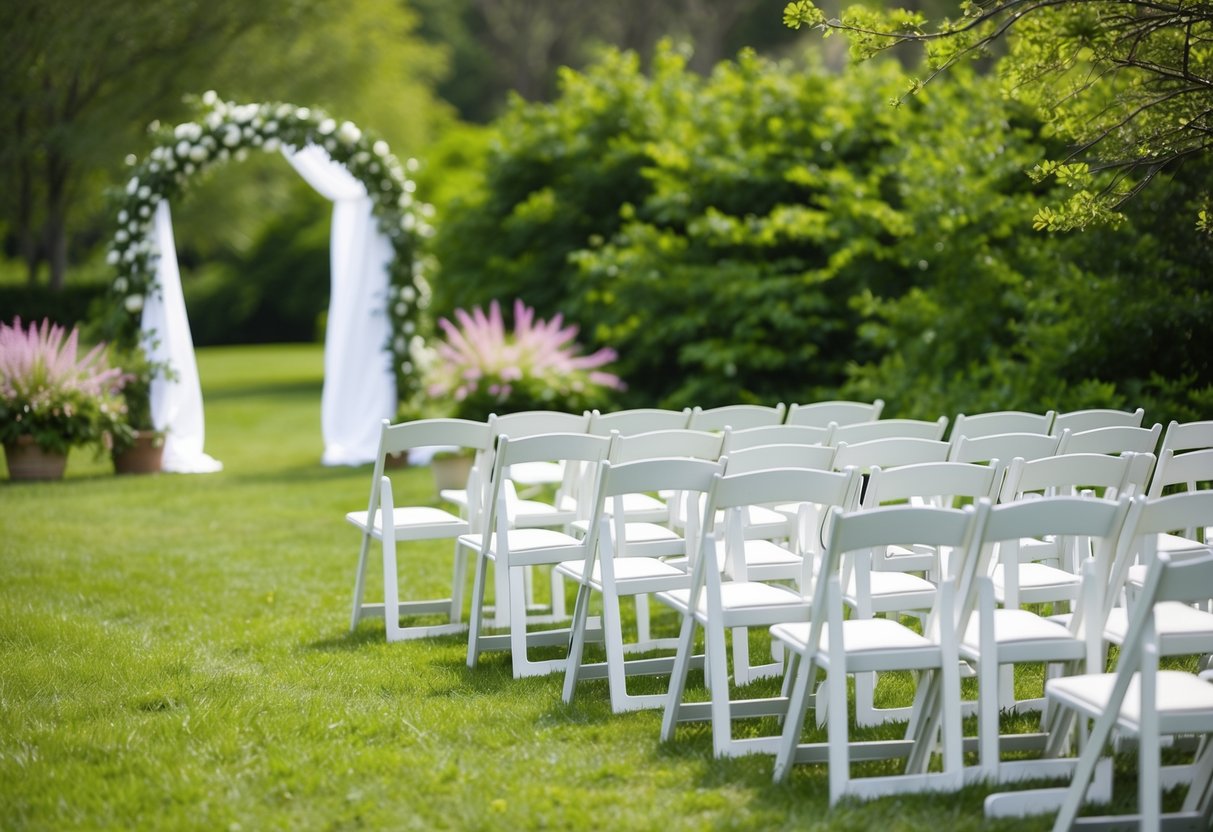 A serene outdoor setting with a decorated arch and rows of chairs, surrounded by lush greenery and blooming flowers. A gentle breeze rustles through the scene