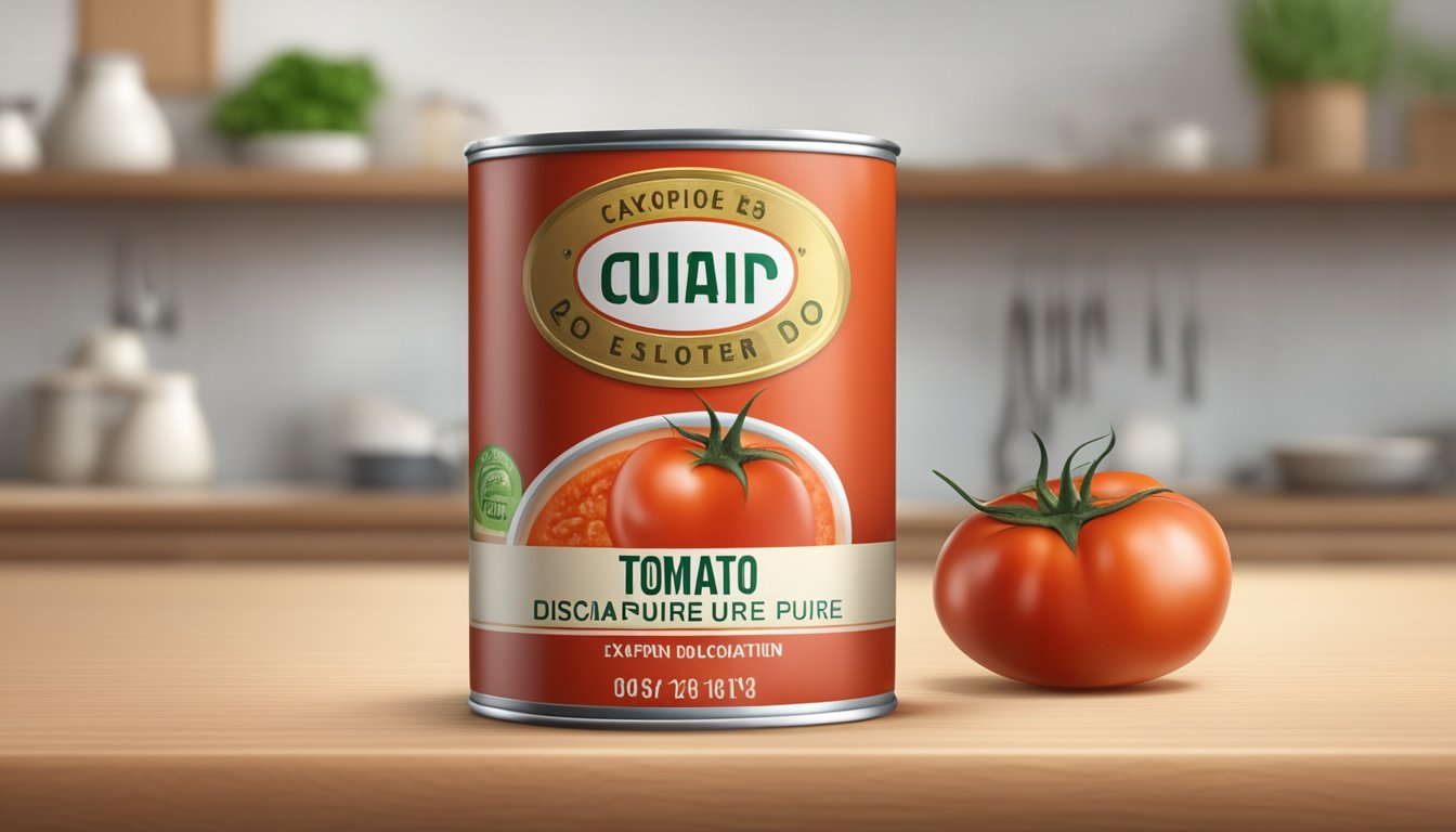 A can of expired tomato puree with a visible expiration date and signs of spoilage, such as mold or discoloration, sitting on a kitchen counter