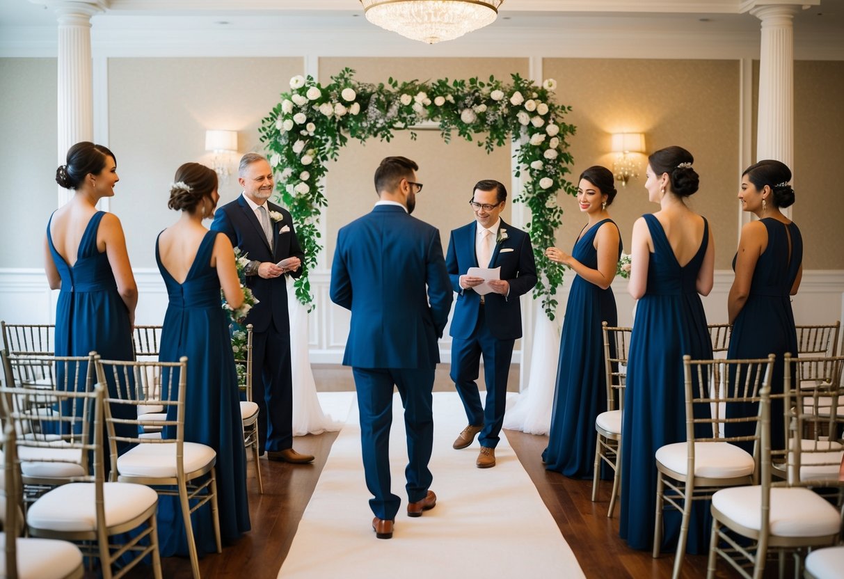 A group of people stand in a decorated wedding venue, arranging chairs and practicing walking down the aisle. They discuss logistics and timing