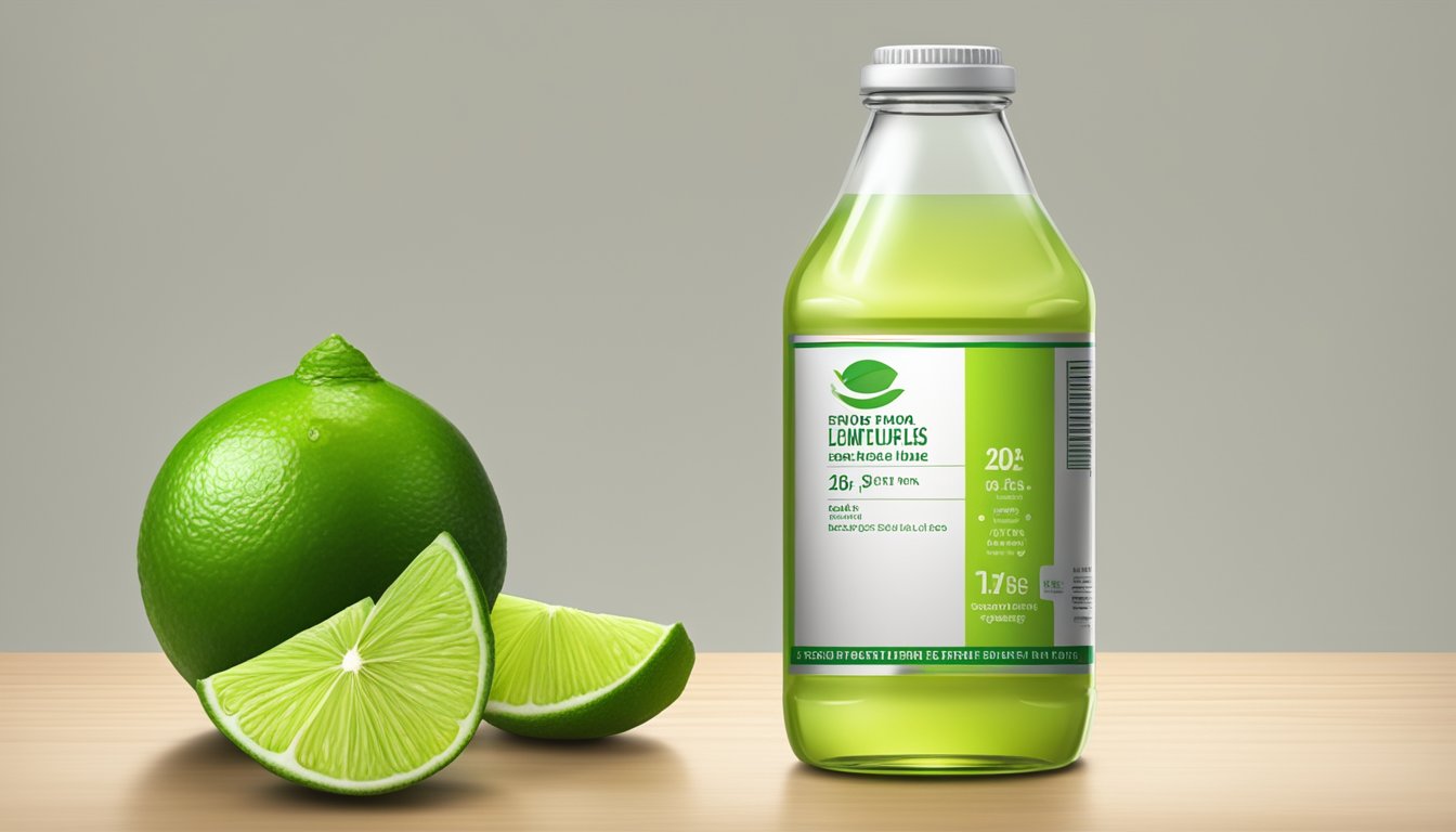 A bottle of expired lime juice concentrate next to a fresh lime, with a label showing the expiration date