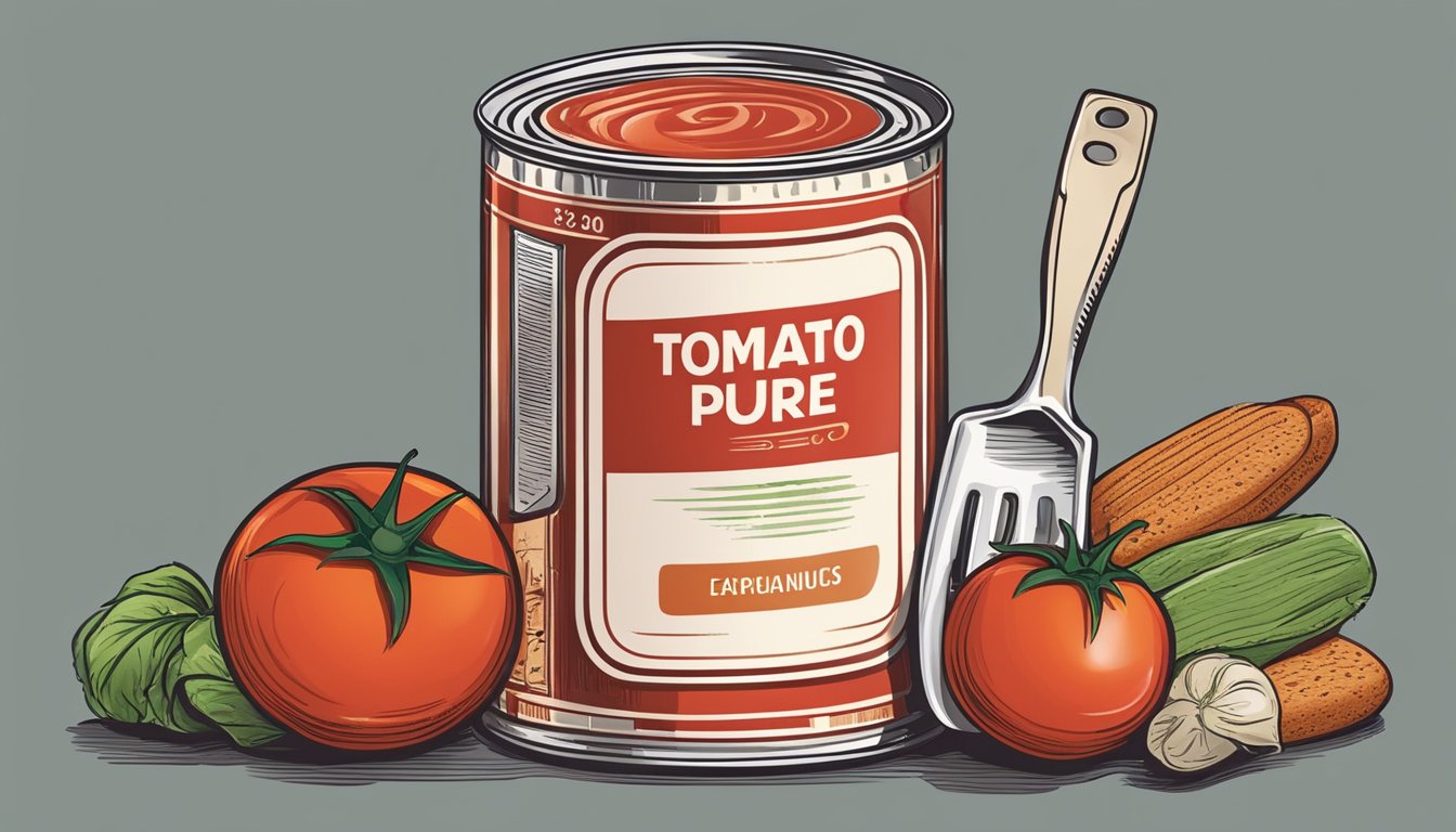 A can of tomato puree with an expiration date visible, surrounded by various food items and kitchen utensils