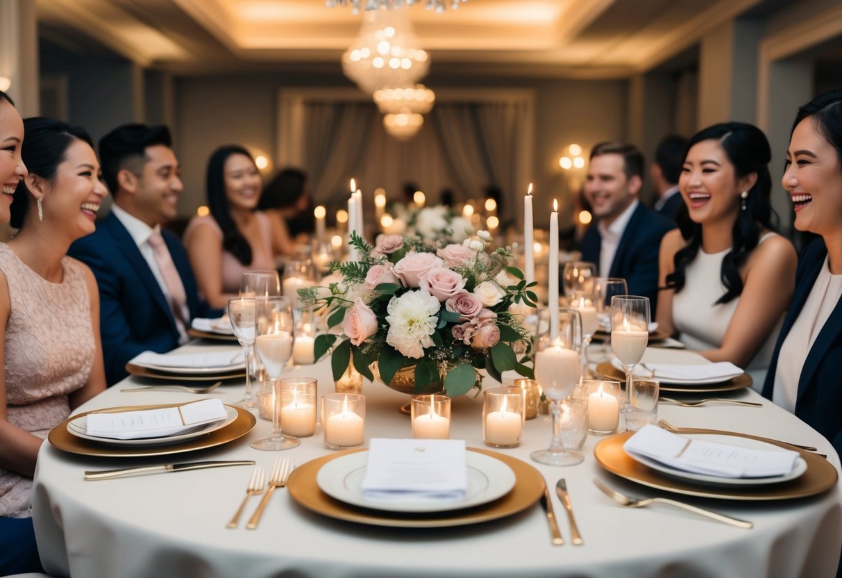 A table set with elegant place settings and a floral centerpiece, surrounded by softly glowing candles and filled with laughter and conversation