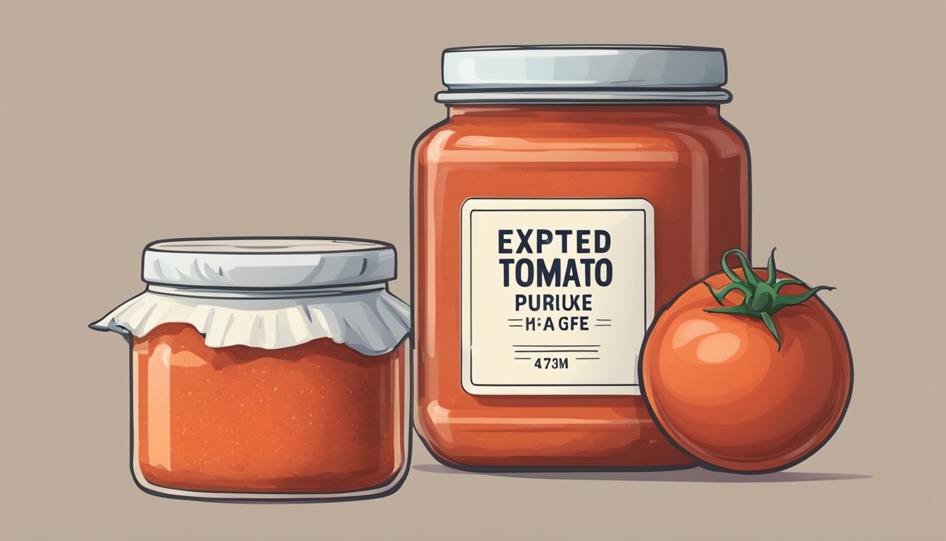 A jar of expired tomato puree next to a fresh jar, with visible signs of spoilage such as mold or discoloration