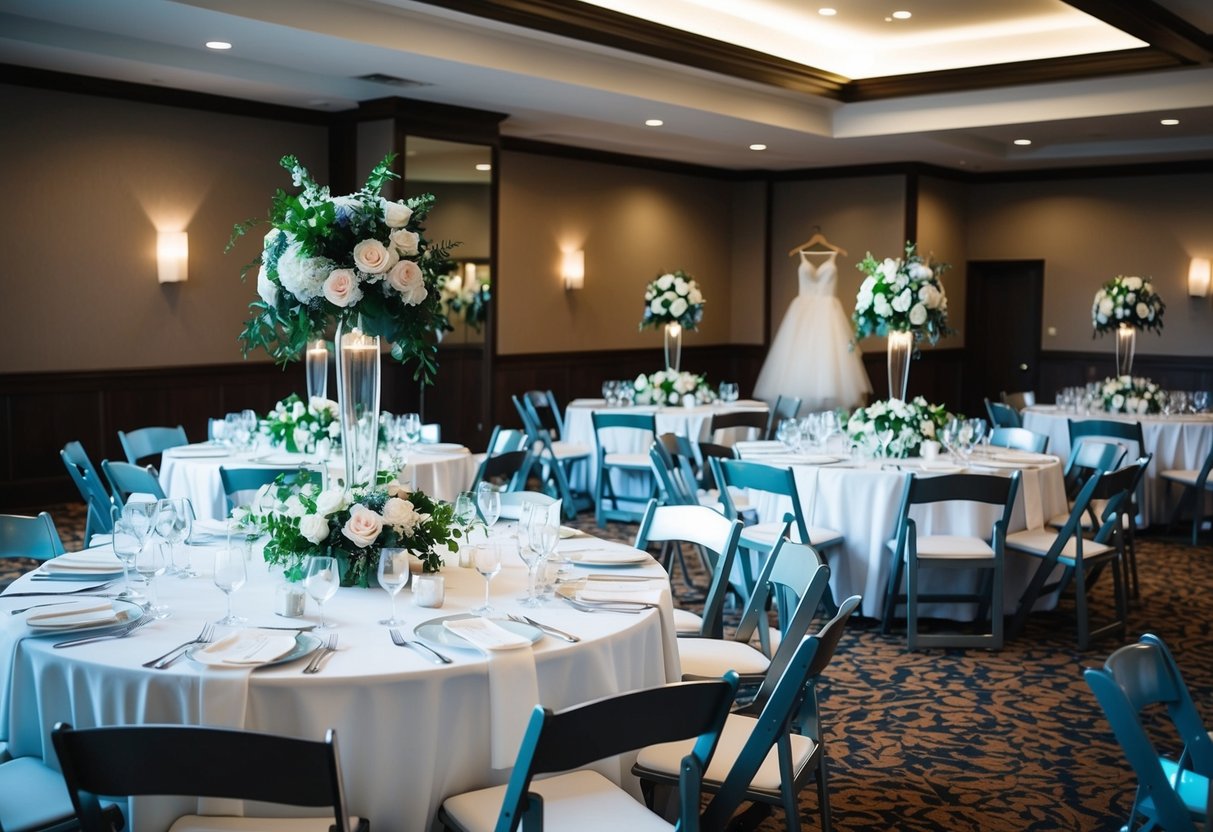A bustling wedding venue with tables set, flowers arranged, and a bridal gown hanging ready for the next day's ceremony