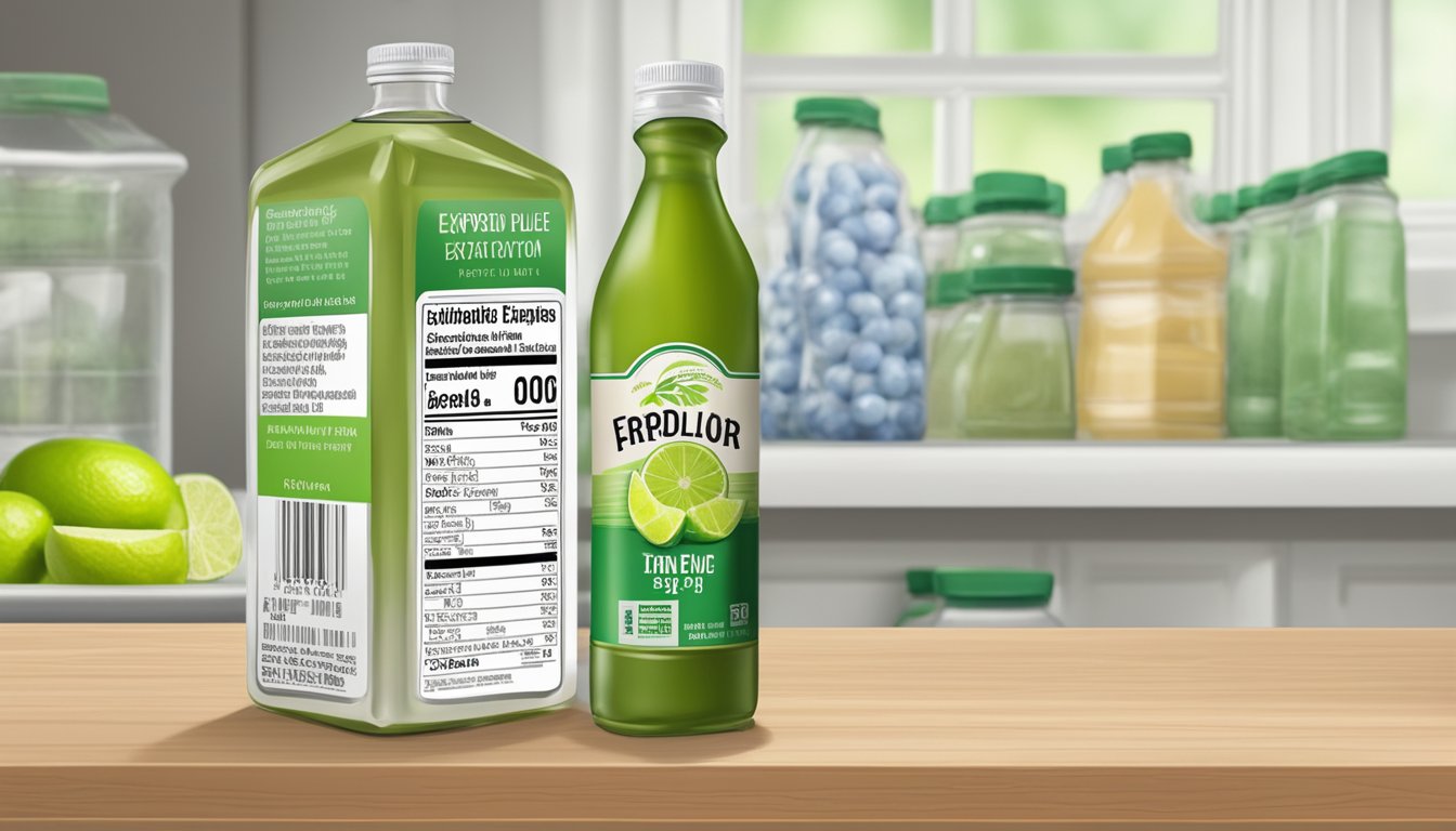 A pantry shelf with a bottle of expired lime juice concentrate next to a label indicating the expiration date