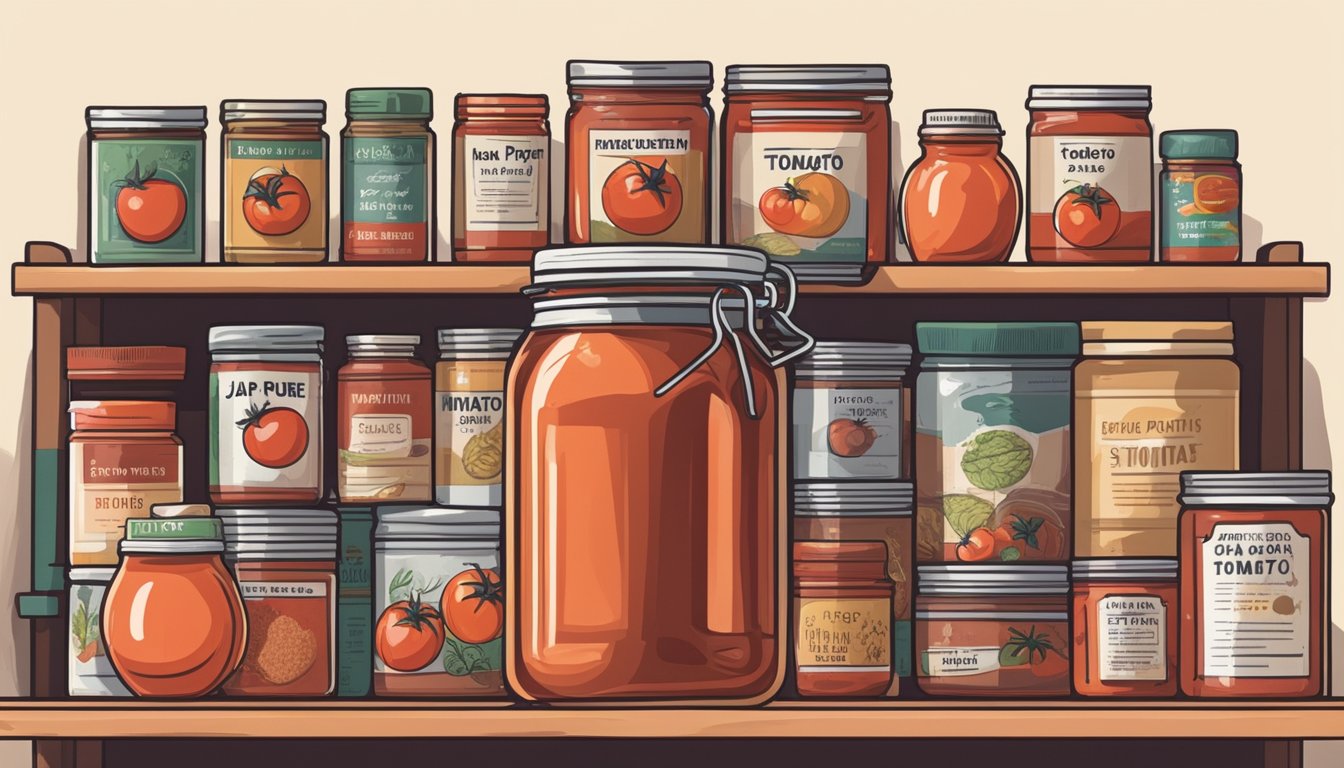 A jar of tomato puree with a faded expiration date sits on a pantry shelf, surrounded by various canned goods and spices