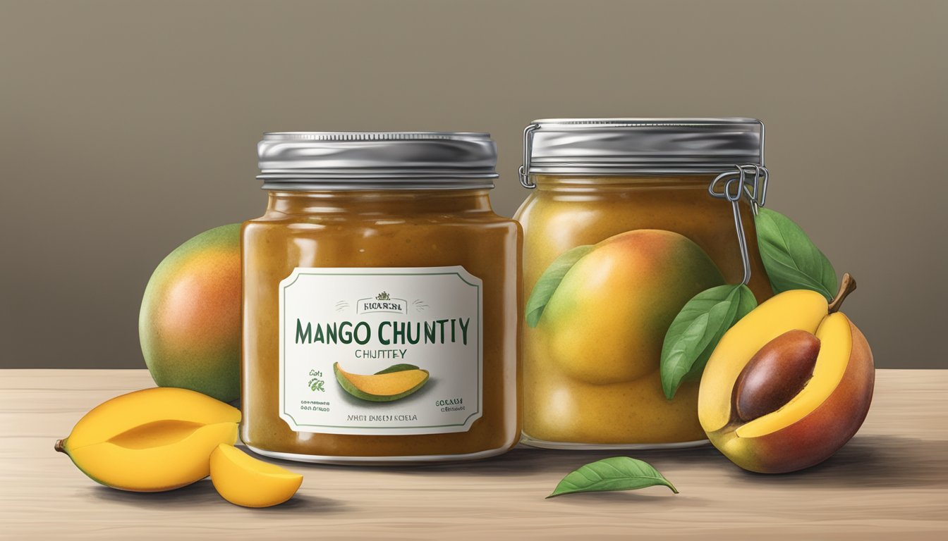 A jar of expired mango chutney sits on a kitchen shelf, its label faded and the contents separated, with a layer of mold forming on top