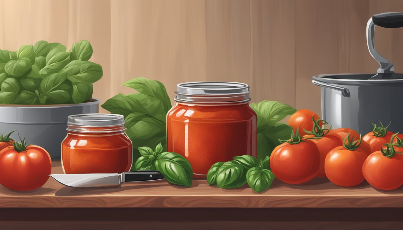 A jar of aged tomato puree sits on a kitchen counter, surrounded by ripe tomatoes, basil, and a cutting board with a chef's knife