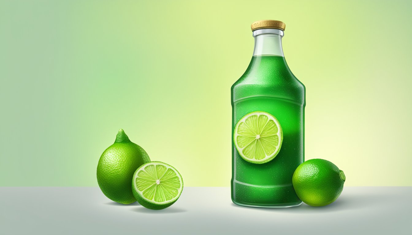 A glass bottle of expired lime juice concentrate next to a fresh lime, with mold and discoloration visible inside the bottle