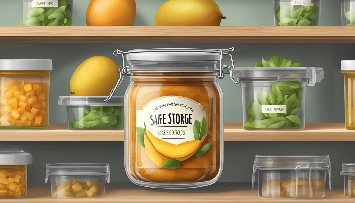 A jar of expired mango chutney placed in a sealed container labeled "Safe Storage Practices" on a shelf in a pantry