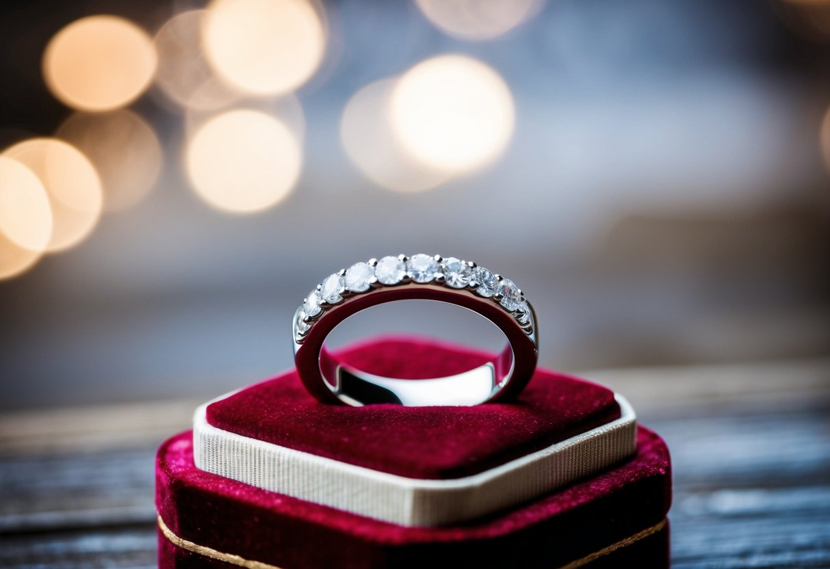 A sparkling wedding band rests on a velvet jewelry box