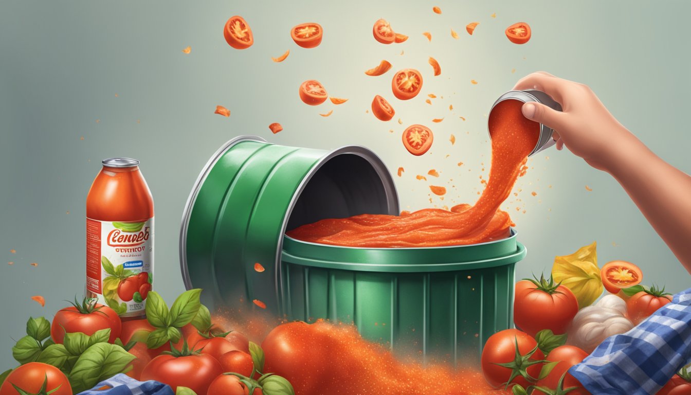 A can of expired tomato puree being thrown into a garbage bin