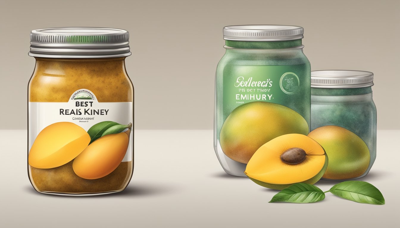 A jar of mango chutney with a moldy, discolored surface, emitting a foul odor, sitting next to a "best by" date that has passed