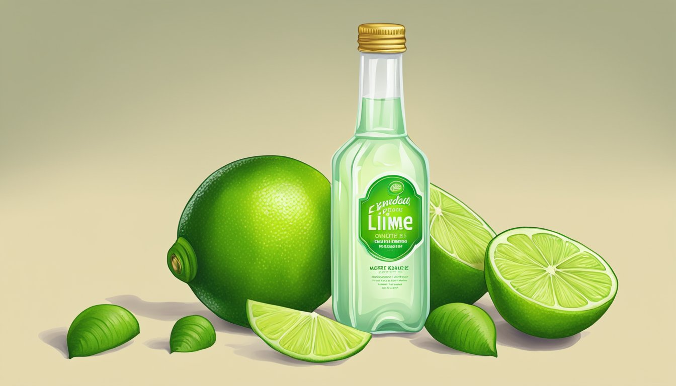 A bottle of expired lime juice concentrate next to a fresh lime being squeezed into a glass