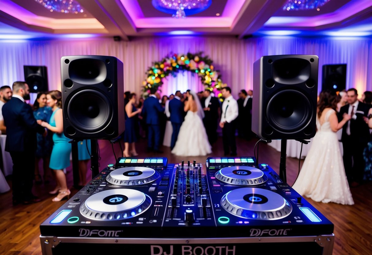 A DJ booth with turntables and speakers set up in a beautifully decorated wedding venue, with colorful lights and a dance floor filled with guests