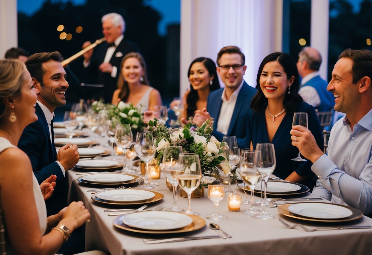 A table set with elegant dinnerware, surrounded by cheerful guests chatting and laughing. A musician plays softly in the background as the evening unfolds