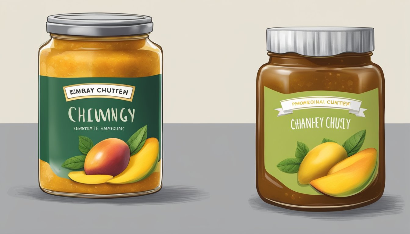 A jar of expired mango chutney next to a homemade version, with visible mold and a foul odor emanating from the commercial chutney