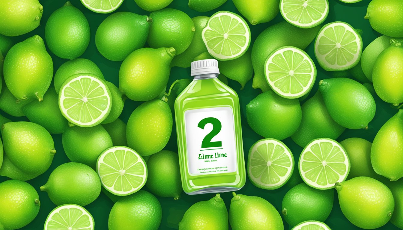 A bottle of expired lime juice concentrate next to a pile of fresh limes, with a question mark hovering above it