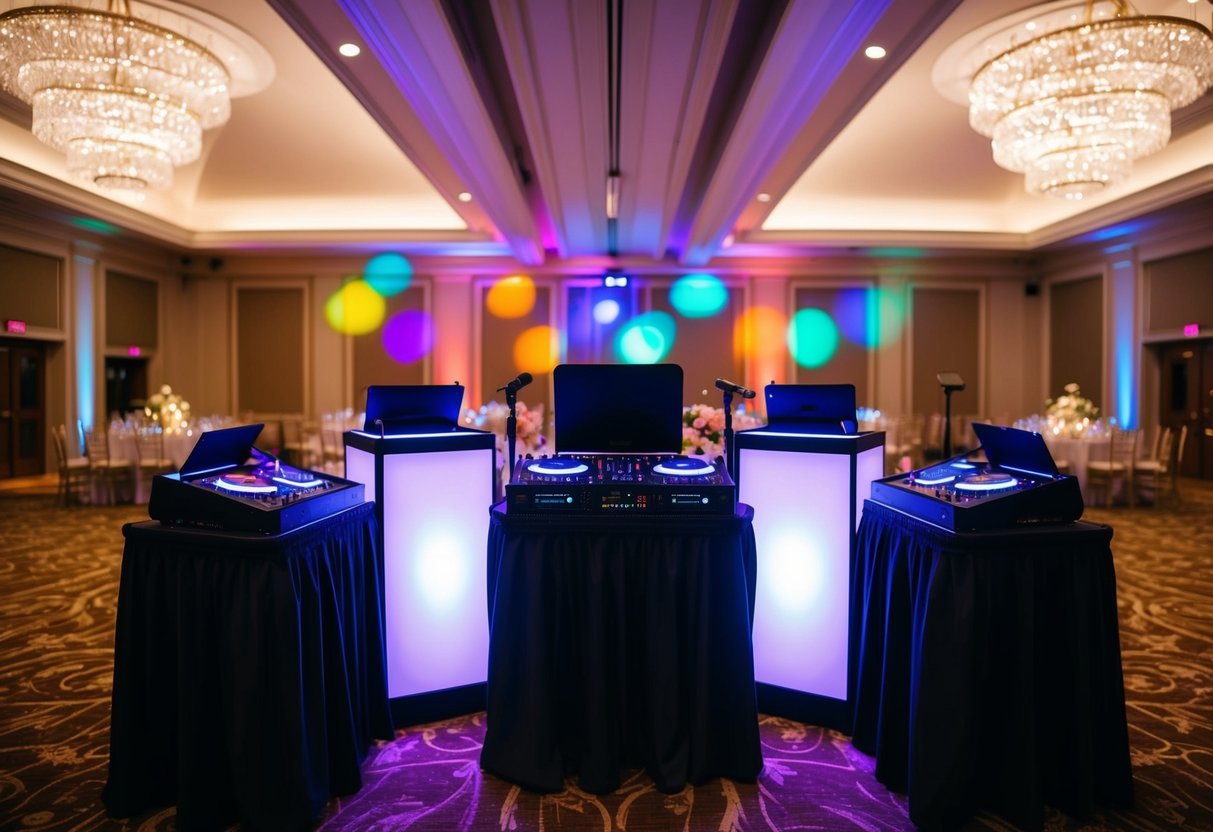 A DJ booth set up in the corner of a grand ballroom, with colorful lights and sound equipment ready for a wedding celebration