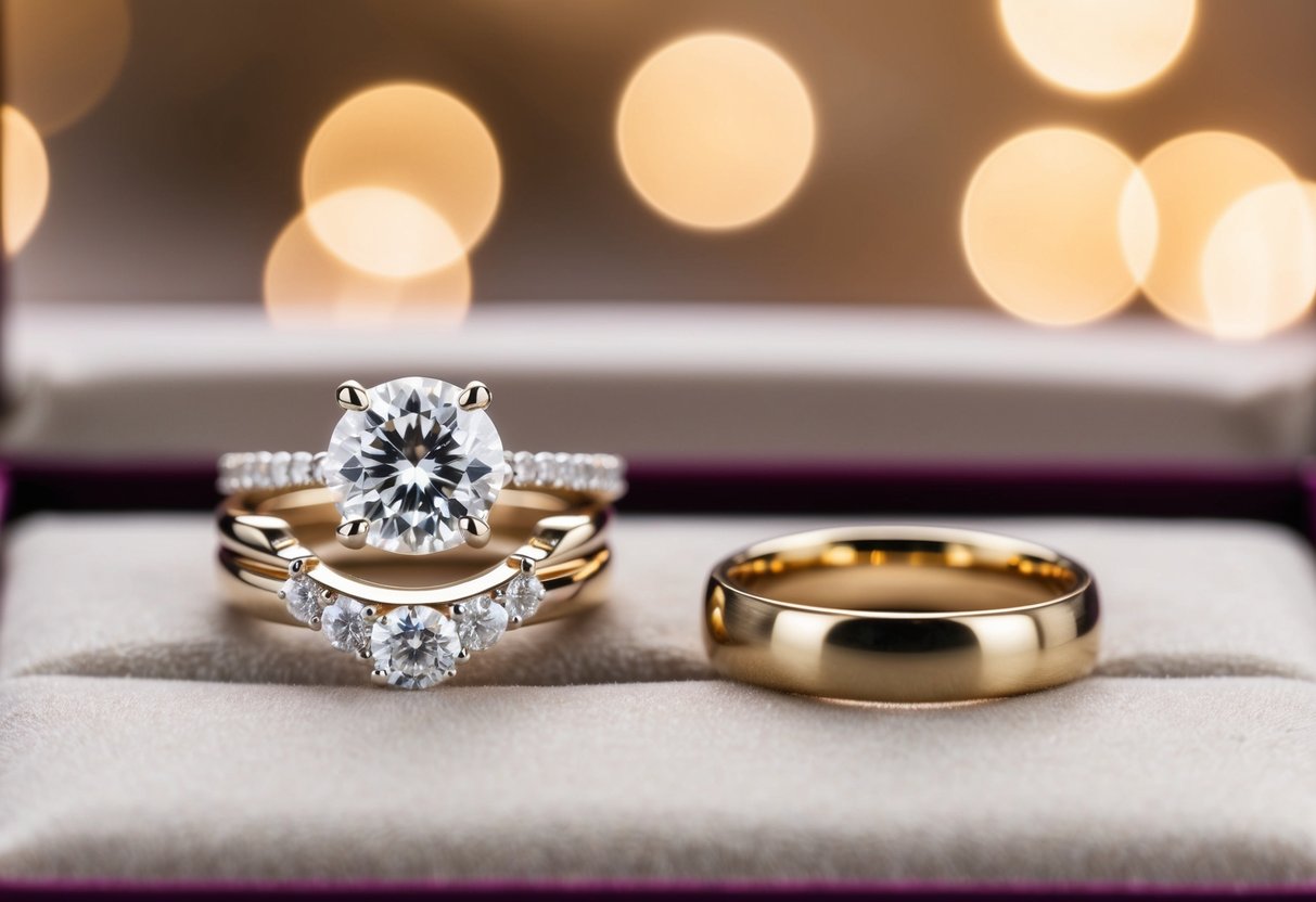 A diamond engagement ring and a simple gold wedding band displayed side by side on a velvet cushion