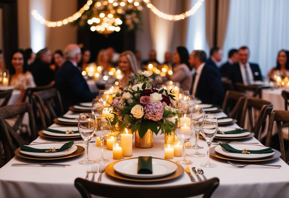 A table set with elegant place settings, surrounded by glowing candles and adorned with floral centerpieces. A warm and inviting atmosphere, with friends and family gathered to celebrate