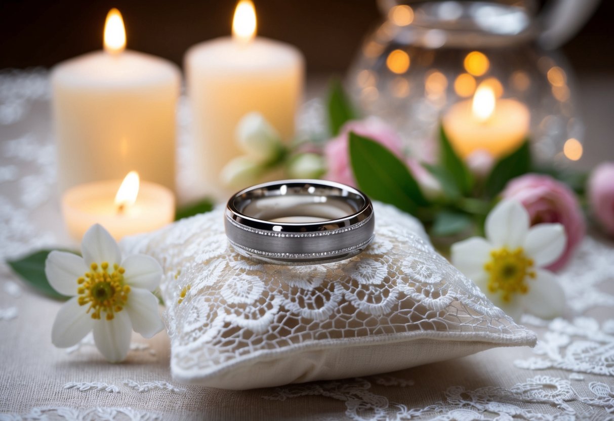 A wedding band rests on a delicate lace pillow, surrounded by blooming flowers and soft candlelight