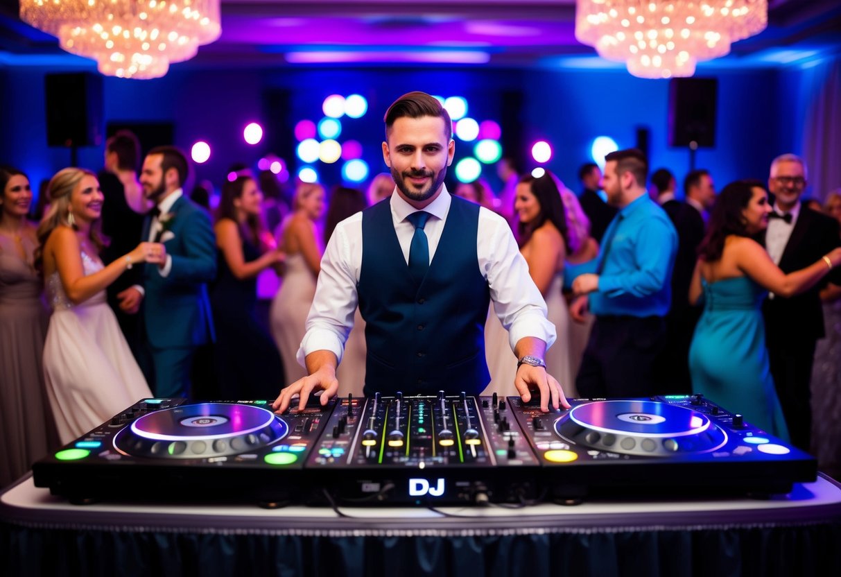 A wedding DJ stands behind a booth, surrounded by dancing guests and colorful lights, as they spin music into the night