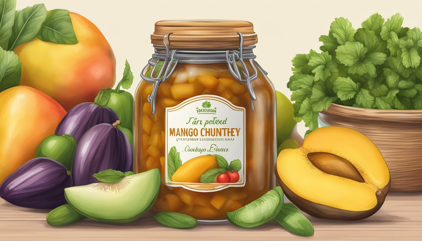 A jar of expired mango chutney surrounded by fresh fruits and vegetables on a kitchen counter