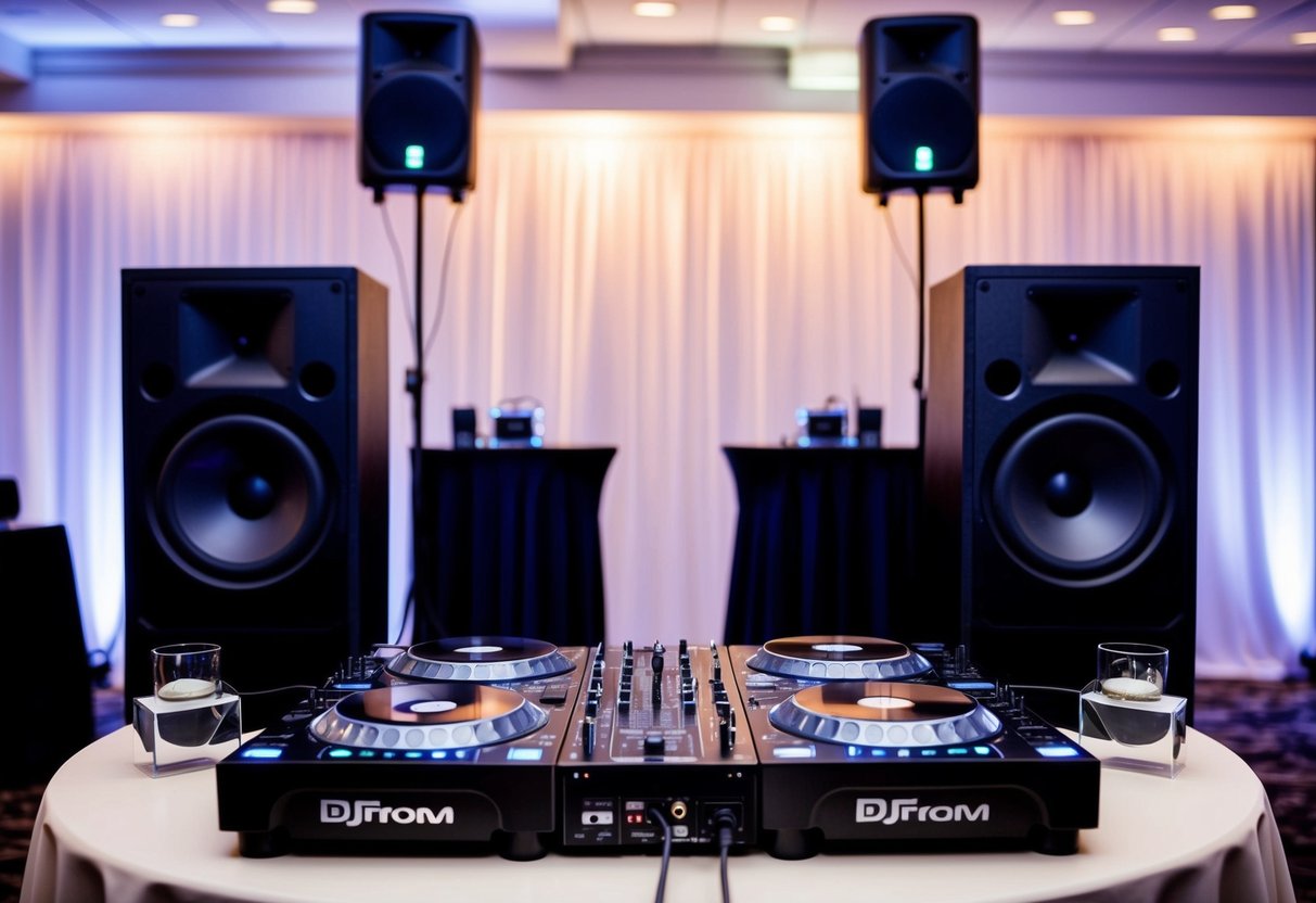 A DJ booth set up at a wedding reception, with speakers, turntables, and lighting equipment