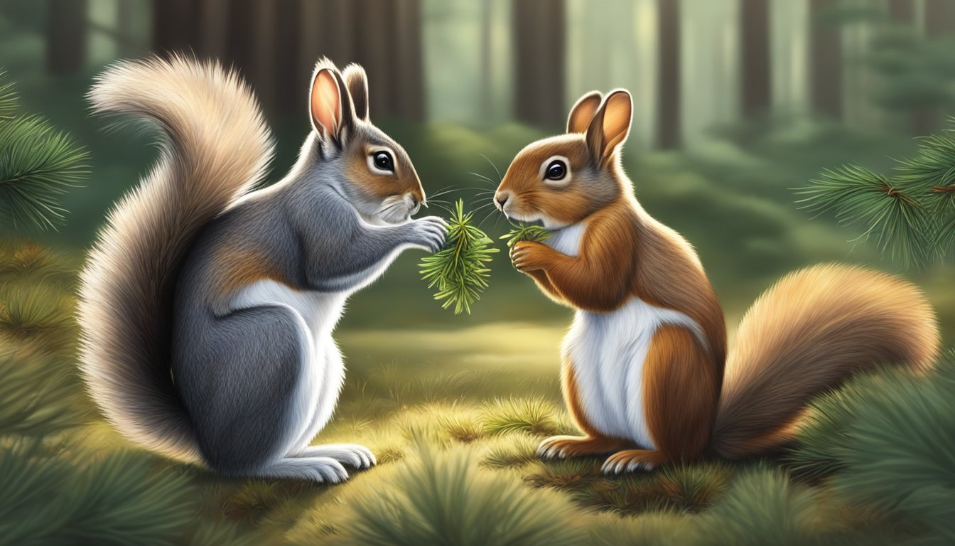 A squirrel nibbles on pine needles while a rabbit sniffs them cautiously in a forest clearing