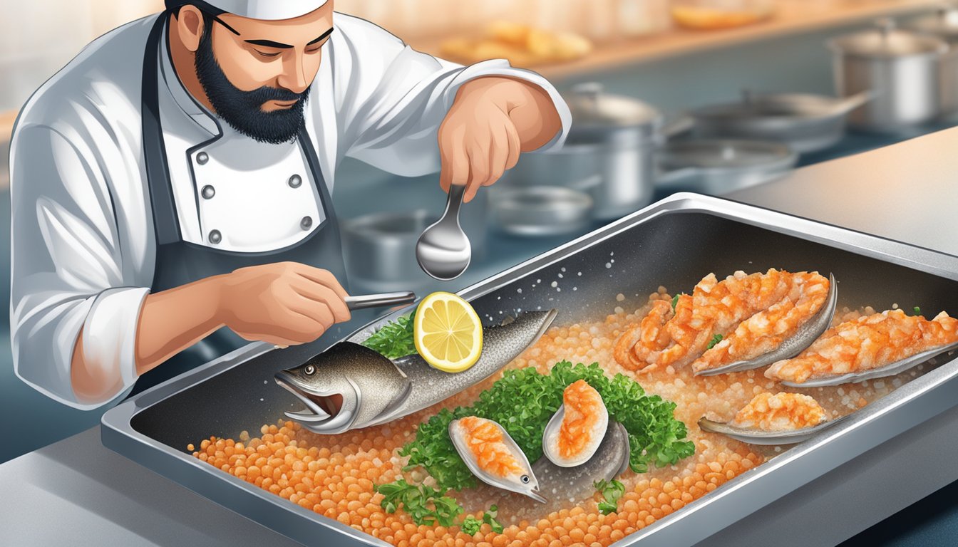 A chef sprinkles finely chopped fish scales onto a sizzling pan of seafood, adding a unique texture and flavor to the dish