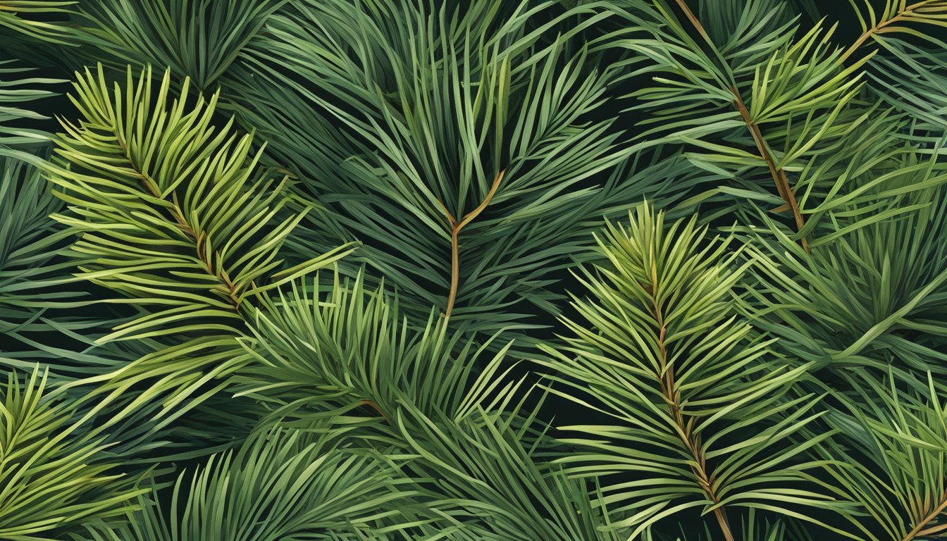 A close-up of various pine needles with detailed features and textures, surrounded by pine cones and other forest foliage