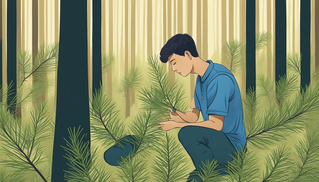 A person collecting and examining pine needles with a question mark above their head