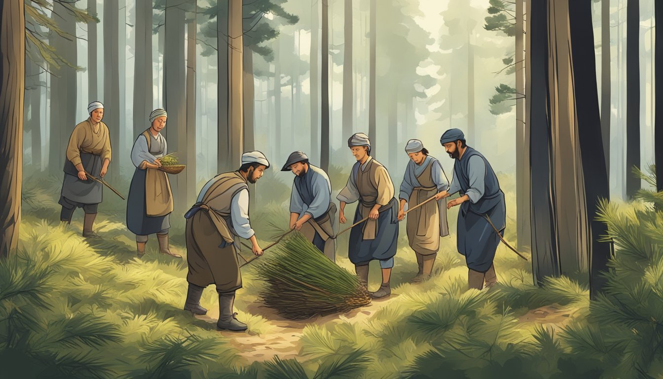 A group of people collecting pine needles in a forest, with a historical and cultural significance, to use in traditional cooking and medicinal practices