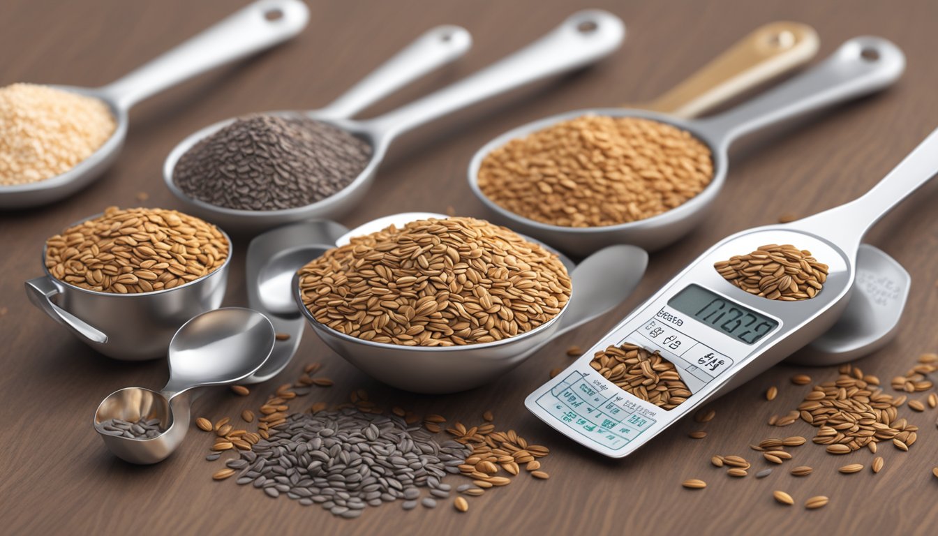 A pile of flax seeds surrounded by various measuring cups and spoons, with a nutrition label in the background