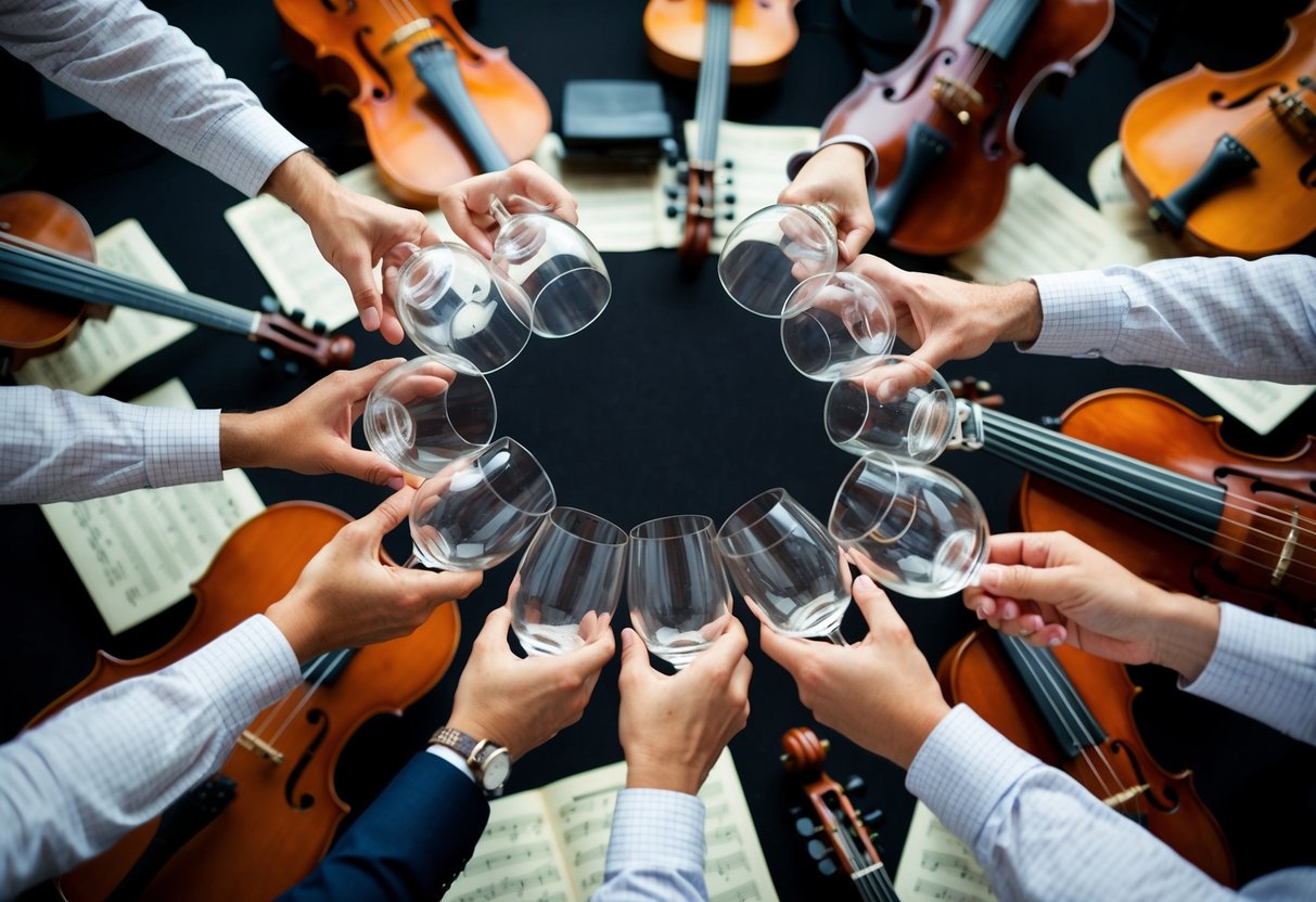 A group of glasses clink together in a circle, surrounded by musical instruments and sheet music