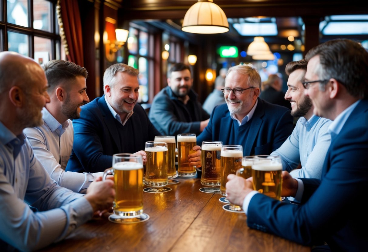 A traditional British pub with a group of men gathered around pints of beer, engaged in lively conversation