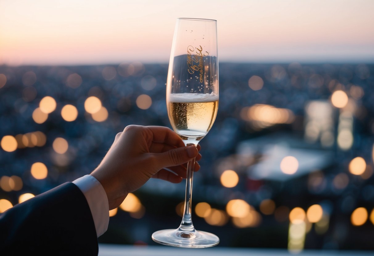 A champagne glass raised in a celebratory gesture