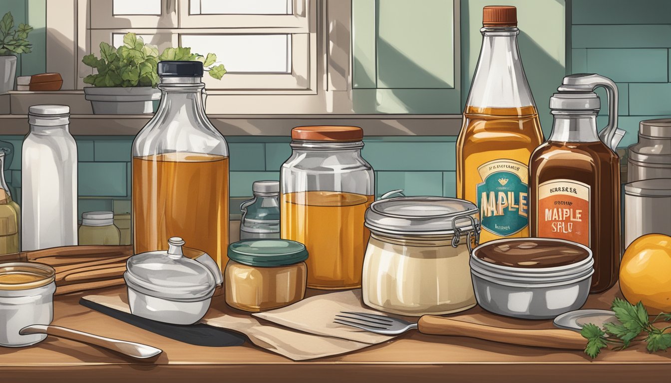 A bottle of expired maple syrup sits on a cluttered kitchen counter, surrounded by other condiments and utensils