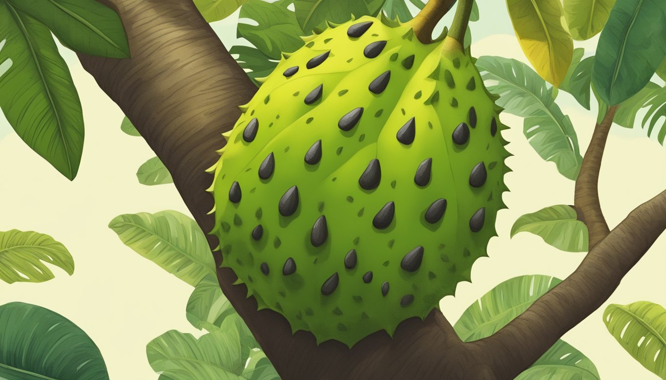 A soursop fruit hanging from a tree, half green and half yellow, with a curious animal sniffing at it cautiously